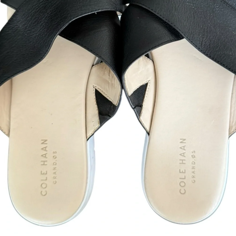 Cole Haan Women's Grand.OS Criss Cross Black Leather Slide Sandals 8.5